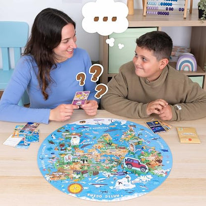 BONNYCO Giant Floor Puzzles for Kids World Map with 70 Large Pieces. Round Globe Puzzle with Animals, 23 x 23 in, 15 Cards, 4 3D Figures, Guide. Learning Gifts, Toys for 4 Year Old Boys