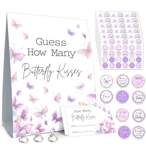 Butterfly Kisses Baby Shower Game Set - Guess How Many Kisses, 50 Cards, Standing Sign, 180 Stickers - color: Butterfly 01