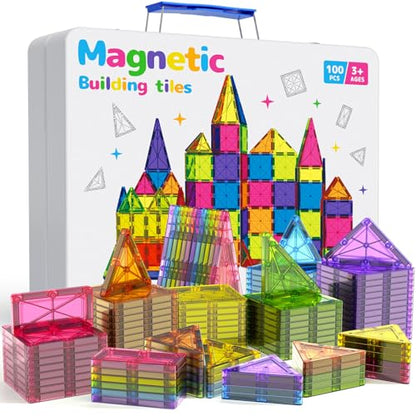 Premium Magnetic Tiles 100pcs: Durable STEM Building Blocks Kids 3-8 | Iron case with handle, lid as play base. 7.5cm tiles, sealed, ASTM & CPSIA safe. Montessori STEM for preschool. Gift 3-8 - size: 100 PCS