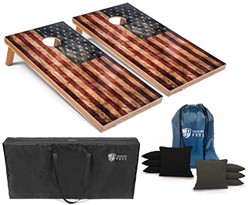 Tailgating Pros Rustic American Flag Cornhole Boards w/Bean Bags - 4'x2' Distressed Flag Cornhole Game w/Multicolored LED Ring, Carrying Case & Corn Hole Bags - color: Black / Charcoal