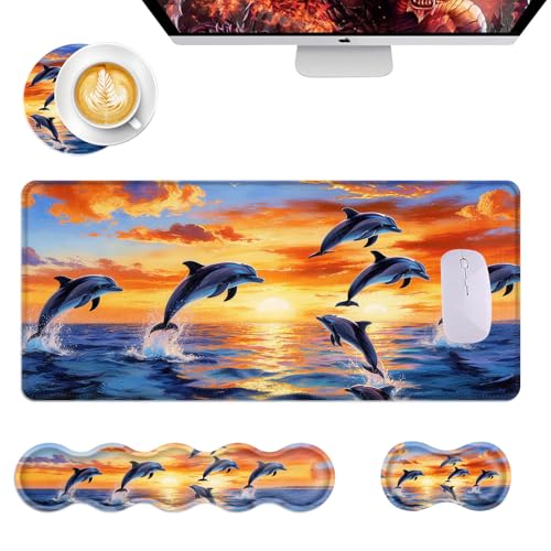 Mouse Pad,Large Desk Mat Set, 4in1 XL Mousepad + Keyboard Wrist Rest+Mouse Wrist Rest+Coaster with Ergonomic Desk Pad for Home Office Table Computer Cover -Dolphin Jumping Ocean Sunset Beach - color: Dolphin Jumping Ocean Sunset Beach