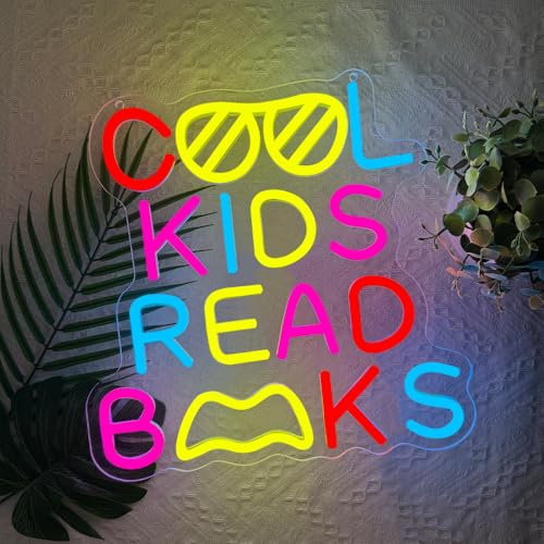 Cool Kids Read Books Neon Sign,Classroom Neon Sign Gift for Kids Teens,Reading LED Light Wall Decor for Library Reading Corner Bedroom Book Themed Party Decorations Study Room USB Powered（12.2"*12.1"） - style: Book