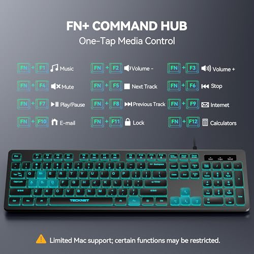TECKNET Wired Keyboard,Silent USB Keyboard for Office,Spill-Resistant,Slim Full-Size Membrane Layout,Plug and Play for PC/Laptop/Mac-RGB Backlit