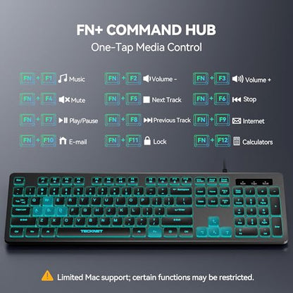 TECKNET Wired Keyboard,Silent USB Keyboard for Office,Spill-Resistant,Slim Full-Size Membrane Layout,Plug and Play for PC/Laptop/Mac-RGB Backlit