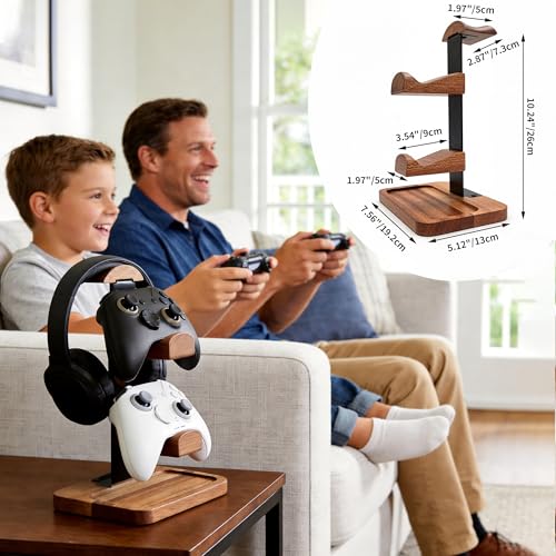 Solid Wood Headphone Stand with Controller Holder, Space-Saving Dual Hanger & Gamepad Organizer for Desktop, Gaming Desk Accessories with Stable Base Storage