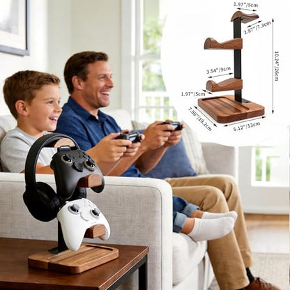 Solid Wood Headphone Stand with Controller Holder, Space-Saving Dual Hanger & Gamepad Organizer for Desktop, Gaming Desk Accessories with Stable Base Storage