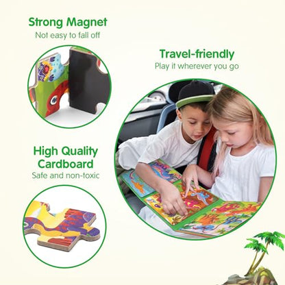 SYNARRY Dinosaur Magnetic Puzzles for Toddlers 3-5, 20 Pieces Travel Puzzles for Kids Ages 4-6, Easter Basket Stuffers Gifts for Kids, Car Airplane Road Trip Activities Magnet Games Toy - style: Dinosaur