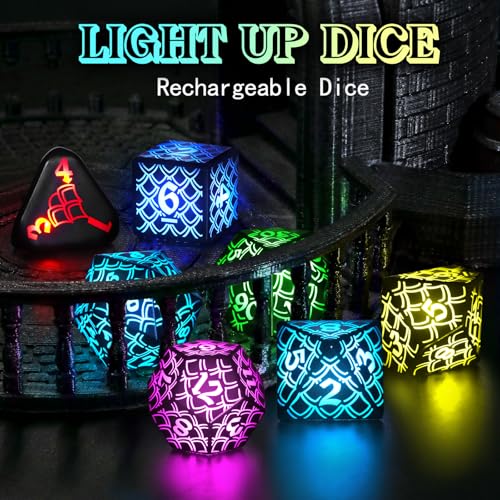 LED DND Dice Set, Light up Dice Rechargeable for RPG DM Gifts, RGB-LL | ZHOORQI Polyhedral Dice Set with Charging Box, Glow in The Dark Dice for D and D (Dungeons and Dragons) Role Playing Game - color: Rgb-dragon Scales