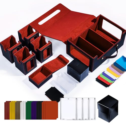 Commander Deck Box for MTG, 6-Deck Modular Card Case with Dice Tray Holds 600+ Double-sleeved Cards, Removable Trading Cards Storage Box with 35PT Magnetic Card Holders for TCG, Black Red - color: Black/Red