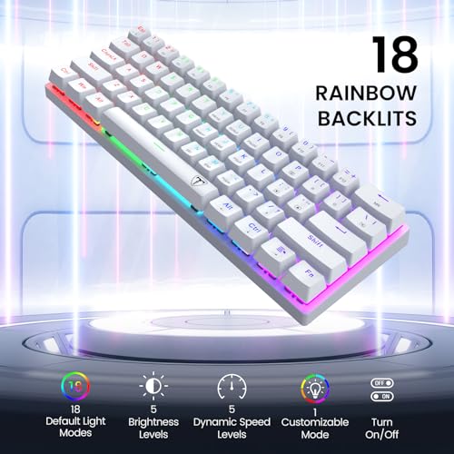 60% Wired Mechanical Gaming Keyboard with Red Switches, LED Backlit | 61 Keys Ultra-Compact Mini Portable Office Keyboard for PC/Mac/Xbox, 18 LED Backlight, Easy to Carry On Trip, White - color: White