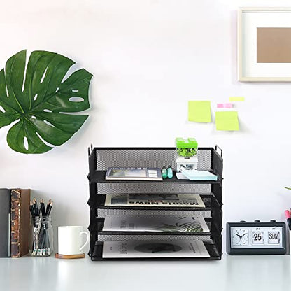 EASEPRES 4 Pack Stackable Desk Paper Tray, Metal Mesh Desktop Document Letter File Organizer for Office Home School, 13.5'' L x 9.75'' W x 11'' H, Black - color: 4 Pack Black