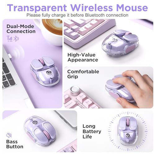 Q9 Chargeable Portable Silent 2.4GHz/Bluetooth Dual Mode Wireless Cute Mouse, 4 Adjustable DPI,4800 DPI Optical Tracking Clear Mouse with RGB Lighting, Compatible Win/Mac/Android/iOS(Purple) - color: Purple