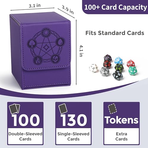 Card Deck Box with 2 Dividers, MTG Commander Deck Box Holds 100+ Double-Sleeved Cards, Leather Magnetic Deck Case Compatible with Magic TCG CCG Cards, Purple - color: 2. Purple, size: 100 Double-sleeved Cards Vertical