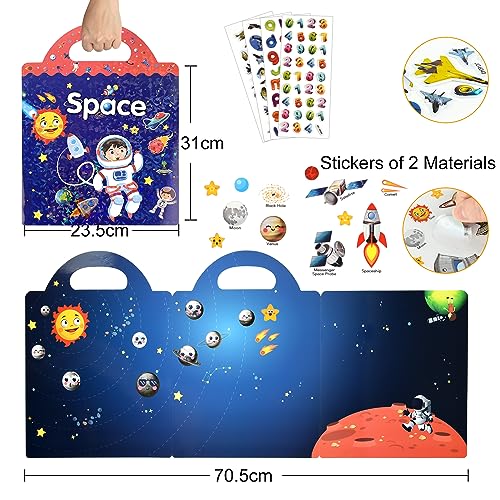 ASTARON Reusable Sticker Book for Toddlers, 88 Pcs Space Stickers Road Trip Activities Car Airplane Activities Travel Toys for Kids, Kids Quiet Time Activities (2-6 Age) - style: Space