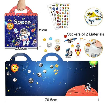 ASTARON Reusable Sticker Book for Toddlers, 88 Pcs Space Stickers Road Trip Activities Car Airplane Activities Travel Toys for Kids, Kids Quiet Time Activities (2-6 Age) - style: Space