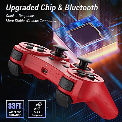 OKHAHA 2 Pack Wireless Controller Compatible with PlayStation 3 (PS3), Bluetooth, Rechargeable with Motion Sensor (No Stripes, Blue + Red) - color: No Stripes(Blue + Red)