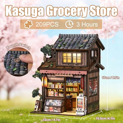 Book Nook Kit DIY Miniature Dollhouse, Japanese Grocery Store Style | 3D Wooden Puzzle, Bookend Decor, LED Light, Birthday Christmas Gift - style: Kasuga