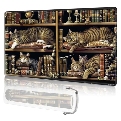 for MTG Playmat TCG Card Game Mat with Stitched Edges,Board Game Mats Non-Slip Waterproof Rubber Base 24 x 14 inch for CCG RPG DTCG Trading Card,Cats Books Shelves - color: Cats Books Shelves
