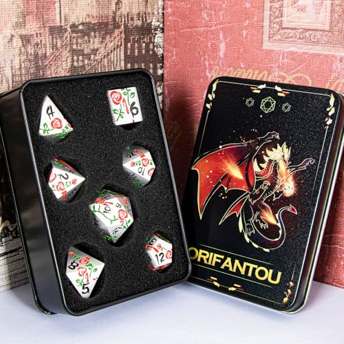 Gothic DND Dice Set Bleeding Rose Metal D and D Dice for use with Dungeons Dragons D&D Role Playing Game, Red RPG Polyhedral Dice Set D20 D12 D10 D8 D6 D4 - color: Red&silver&black Numbers