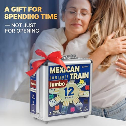 Queensell Mexican Train Dominoes Set with Jumbo Tiles – Double 12 Dominoes Set for Adults, 91 Tiles with Colorful Dots, Wooden Hub, Train & Aluminum Case - style: D12 Jumbo