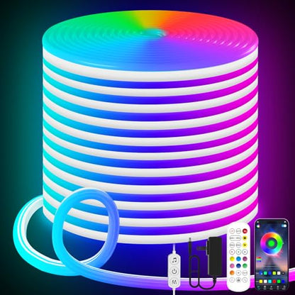 KANTUTOE LED Neon Rope Lights, 19.68ft RGB LED Light Strip, 24V Music Sync App/Remote Control DIY Rope Light, IP67 Waterproof Gaming Neon Strip Lights for Bedroom Indoor Oudoor Décor - size: 19.68ft
