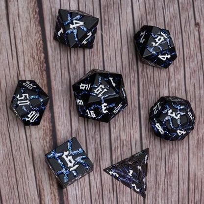 Cracked Rune Metal Dice Set for DND & RPG – Dark Fantasy Fractured Design, Premium Heavy Metal Polyhedral Dice with Deep Engraved Numbers, 7-Piece Set – Blue Arcane Vein - color: Matte Black Blue