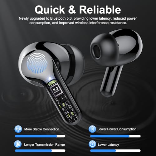 Wireless Earbuds, Bluetooth 5.4 Headphones HiFi Stereo, Bluetooth Earbuds with ENC Noise Cancelling Mic, IP7 Waterproof in Ear Earphones, 48H, LED Display Ear buds for Pad Workout Sports, Black - color: Black