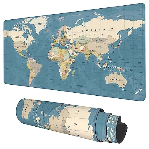 Desk Mat, Blue Vintage World Map Extended Gaming Mouse Pad Large, 35.4"x15.7" Big Mouse Pad with Non-Slip Base and Stitched Edge, Long Computer Keyboard Mouse Mat for Home Office Work - color: Blue Vintage World Map, size: 15.7" x 35.4"