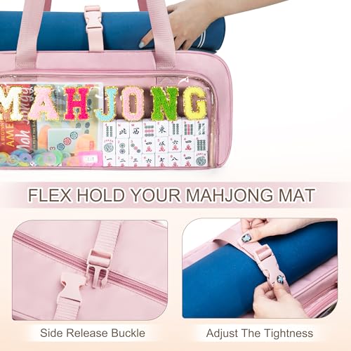 Yarwo 3 PCS Mahjong Bag Empty, Clear American Mahjong Tiles & Rack Bags Set | Zippered Game Storage with Mahjong Mat Strap and Sewn Chenille Letter for Mahjong Tiles, Racks & Pushers, Case Only, Pink - color: Pink