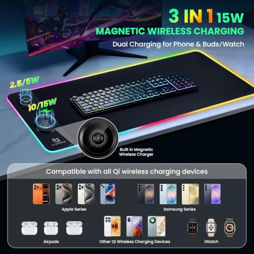 Gimars Upgrade 3 in 1 RGB Mouse Pad with 15W Magnetic Fast Wireless Charging, 31.5x11.8x0.16in Gaming Mousepad, 15 Color Modes, Waterproof Non-Slip XXL Desk Mat with Smooth Surface for Home Office PC - color: Black（3 in 1 RGB Wireles Charging)