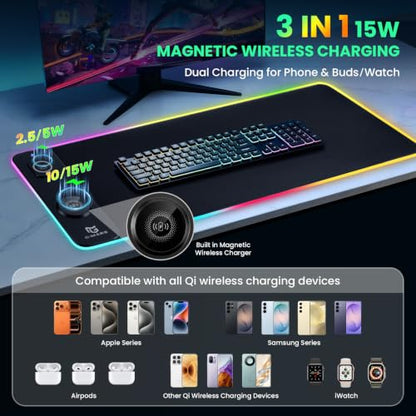 Gimars Upgrade 3 in 1 RGB Mouse Pad with 15W Magnetic Fast Wireless Charging, 31.5x11.8x0.16in Gaming Mousepad, 15 Color Modes, Waterproof Non-Slip XXL Desk Mat with Smooth Surface for Home Office PC - color: Black（3 in 1 RGB Wireles Charging)