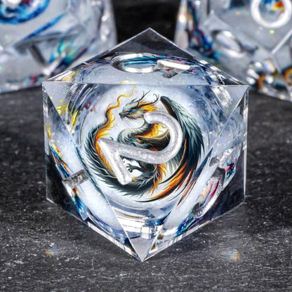 OUKELANWO Liquid Core Dragons Stickers DND Dice Set D&D, 7Pcs Dungeons D and D Role Playing Dice with Gift Box, Resin Sharp Edge Dice D20 D12 D10 D8 D6 D4, White - color: White