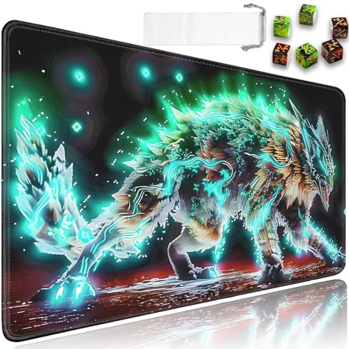 for MTG Playmat + Drawstring Travel Pouch + 6 Dice Counter, for Tabletop Trading Card Game Playmats or Mouse Pad, Anti-Slip Rubber 24 x 14 in, Electric Wolf, Dragon for TCG Playmat (No with Zone) - color: JV-Playmat-6-1-I249