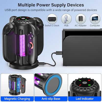Switch-2-Joycon-Charger - Charging Dock for 2025 Nintendo Switch 2 JoyCon Controllers, Magnetic & Bubble LED Light, Fast Charging Station for Nintendo Switch2 Joy-con 2 Controllers Accessories, Black - color: Black