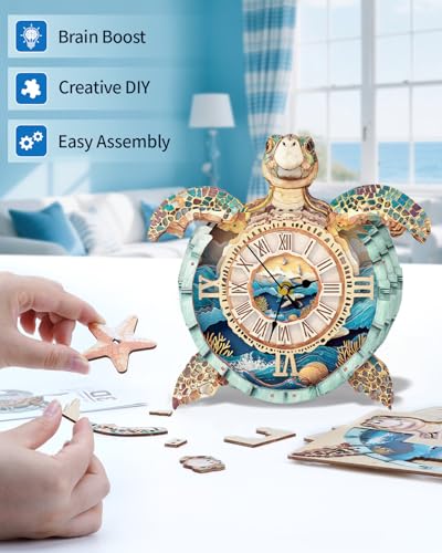 3D Puzzles for Adults, 3D Puzzle Sea Turtle Clock Kit (with Pendulum), Wooden Puzzle for Adults Home Wall Decor Clock Christmas Day Puzzle Gifts for Women Men