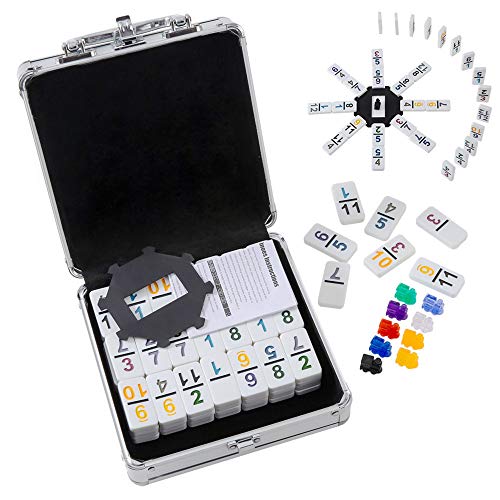Homwom Mexican Train Dominoes with Numbers Double 12 Colored Numerical Dominoes Game Set 91 Tiles with 9 Trains, Scoreboard, Octagon Shape Hub and Aluminum Case - style: Number