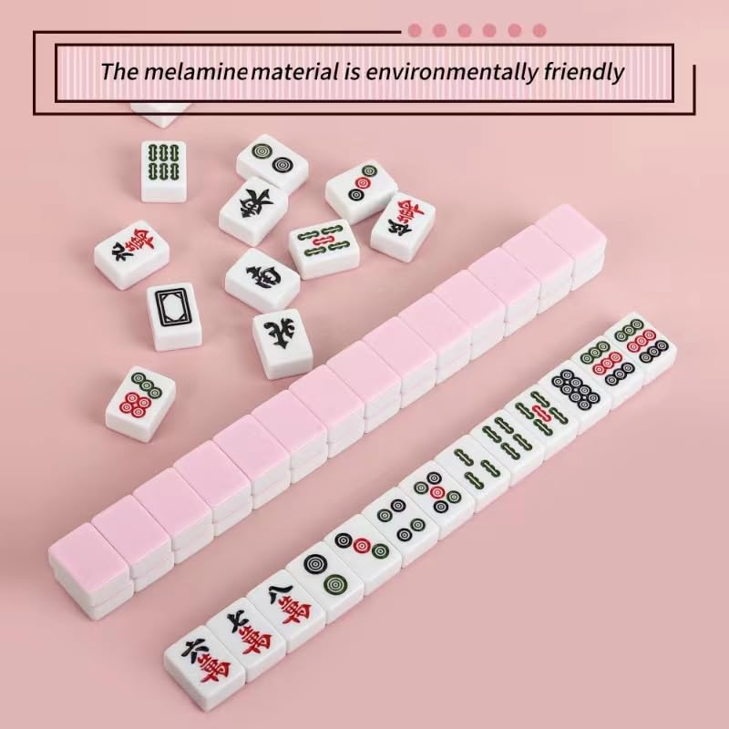 Chinese Pink 1.17 inches Compact Mahjong Set, Travel Small Size, 144 + 8 Blank Melamine Tiles, with Portable Travel Handbag Complete Mahjong Game Set - color: Pink