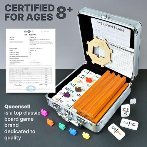 Queensell Mexican Train Dominoes Set with Numbers and 4 Holders - Wooden Hub and Domino Holders - Double 12 with Numbers (D12 Numbers + 4 Holders) - style: D12 Numbers + 4 Holders