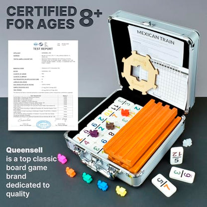 Queensell Mexican Train Dominoes Set with Numbers and 4 Holders - Wooden Hub and Domino Holders - Double 12 with Numbers (D12 Numbers + 4 Holders) - style: D12 Numbers + 4 Holders