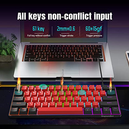 Snpurdiri 60% Wired Mechanical Keyboard (Black-Red, Red Switches) | Mini Gaming Keyboard with 61 Keys for PC, Windows XP, Win 7, Win 10 - color: Black Red/Red Switch