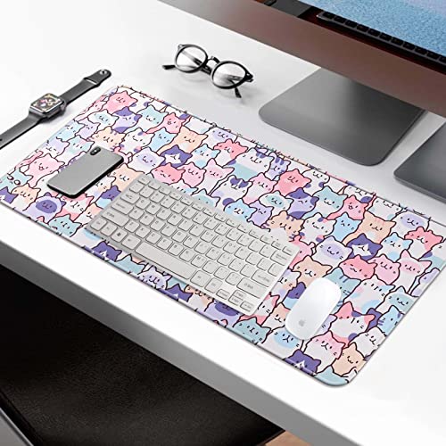 Cute Kawaii Cat Mouse Pad, Gaming Office Home Mousepad, Computer Keyboard and Laptop Desk Mat for Women, Large Extended Non-Slip Rubber Base with Stitched Edges, 31.5x15.7x0.12 in, Pink - color: Cat