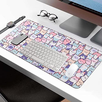 Cute Kawaii Cat Mouse Pad, Gaming Office Home Mousepad, Computer Keyboard and Laptop Desk Mat for Women, Large Extended Non-Slip Rubber Base with Stitched Edges, 31.5x15.7x0.12 in, Pink - color: Cat