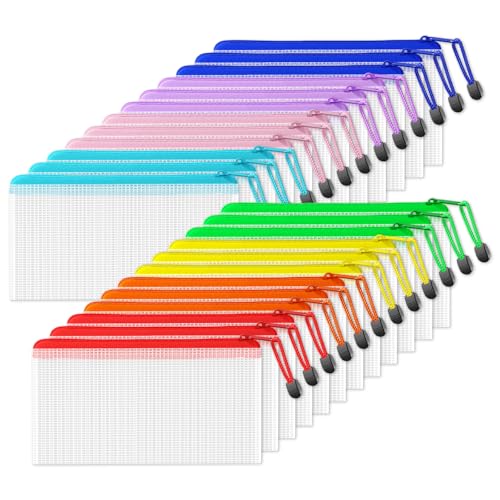 SUNEE Plastic Mesh Zipper Pouch 4.6x9.2 in (8 Colors, 24 Packs), Small Water-Resistant Zip Bag for School Office Supplies, Pencil Organizing Storage - color: Multicolored, size: 4.6x9.2