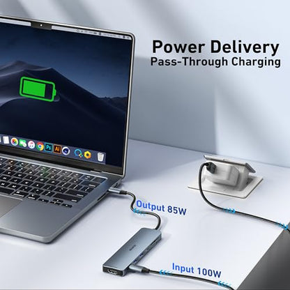 BENFEI 7-in-1 USB C Hub with HDMI(4K@60Hz), 2 USB-A, 1 USB-C Data, 100W Charge, SD/TF Card Reader, Silicone Tangle-Free Cable Compatible with MacBook Pro/Air, iPad Pro, iMac, iPhone 15 Pro/Pro Max - color: Grey