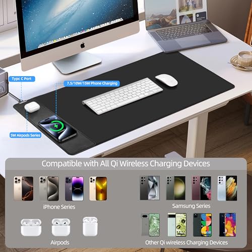 Magnetic Wireless Charging Mouse Pad, 31.5"x15.8" XXL Desk Mat | Large Ultra-Smooth Surface, Non-Slip Rubber Base, Waterproof Computer Keyboard Mat for Office and Home, Black - color: Black - 31.5"x15.7"