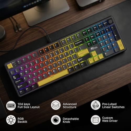 RK ROYAL KLUDGE X104 Wired Full Size Mechanical Gaming Keyboard, Metal Knob | Creamy Keyboard with Number Pad,104 Keys RGB Computer Keyboard Hot Swappable Linear Switch, Online Software for Wins/Mac - color: Lightning Yellow, size: Silent Linear Switch