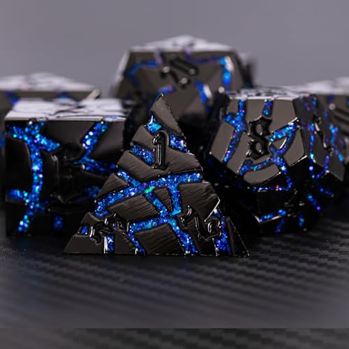 Cracked Rune Metal Dice Set for DND & RPG – Dark Fantasy Fractured Design, Premium Heavy Metal Polyhedral Dice with Deep Engraved Numbers, 7-Piece Set – Blue Arcane Vein - color: Black Nickel Blue