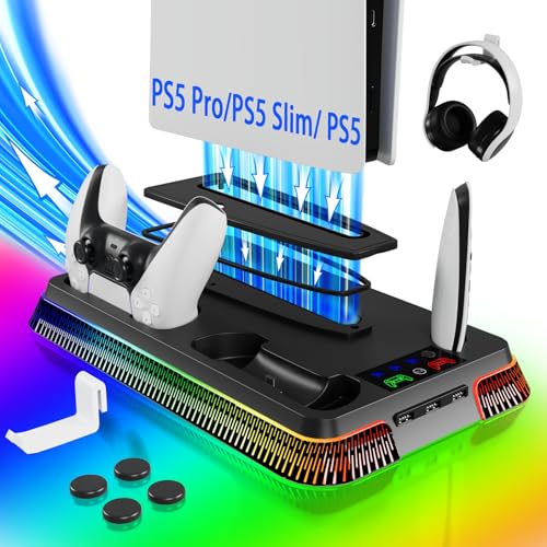 PS5 Stand for PlayStation 5 Console, PS5 Cooling Station & Charging Station with RGB, PS5/Slim/Pro Controller Charger Incl.3 Level Fan,Headset, PS5/Slim/Pro Accessories Comes 3 USB Ports - color: Piano-Black