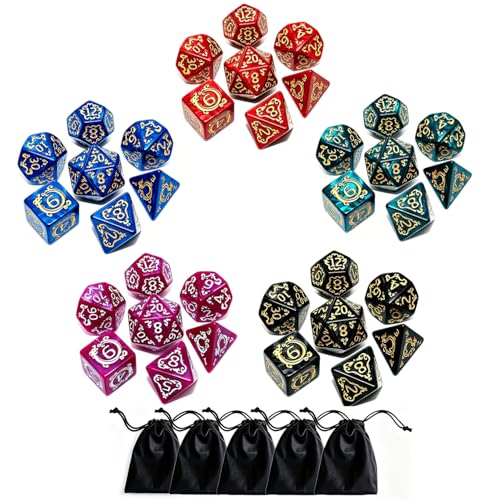 Polyhedral DND Dice Set, 5 Pack Vintage Dragon-Patterned Dice Sets Compatible with Dungeons and Dragons D&D RPG Games,35 Pieces (5 Colors with Black) - color: 5 Colors With Black