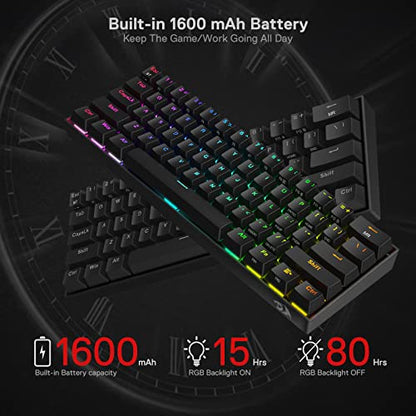 Redragon K530 Pro Draconic 60% Wireless RGB Mechanical Keyboard, BT/2.4Ghz/Wired 3-Mode 61 Keys Compact Gaming Keyboard w/Hot-Swap Socket, Free-Mod Plate Mounted PCB & Tactile Brown Switch - color: Black, size: Brown Switch